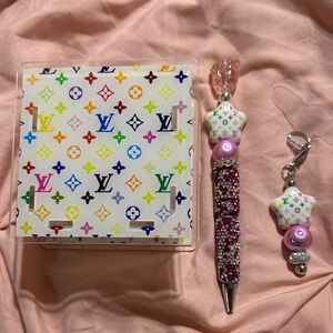 Multicolor Star Rhinestone Pen with Rose Top and Matching Phone Charm.